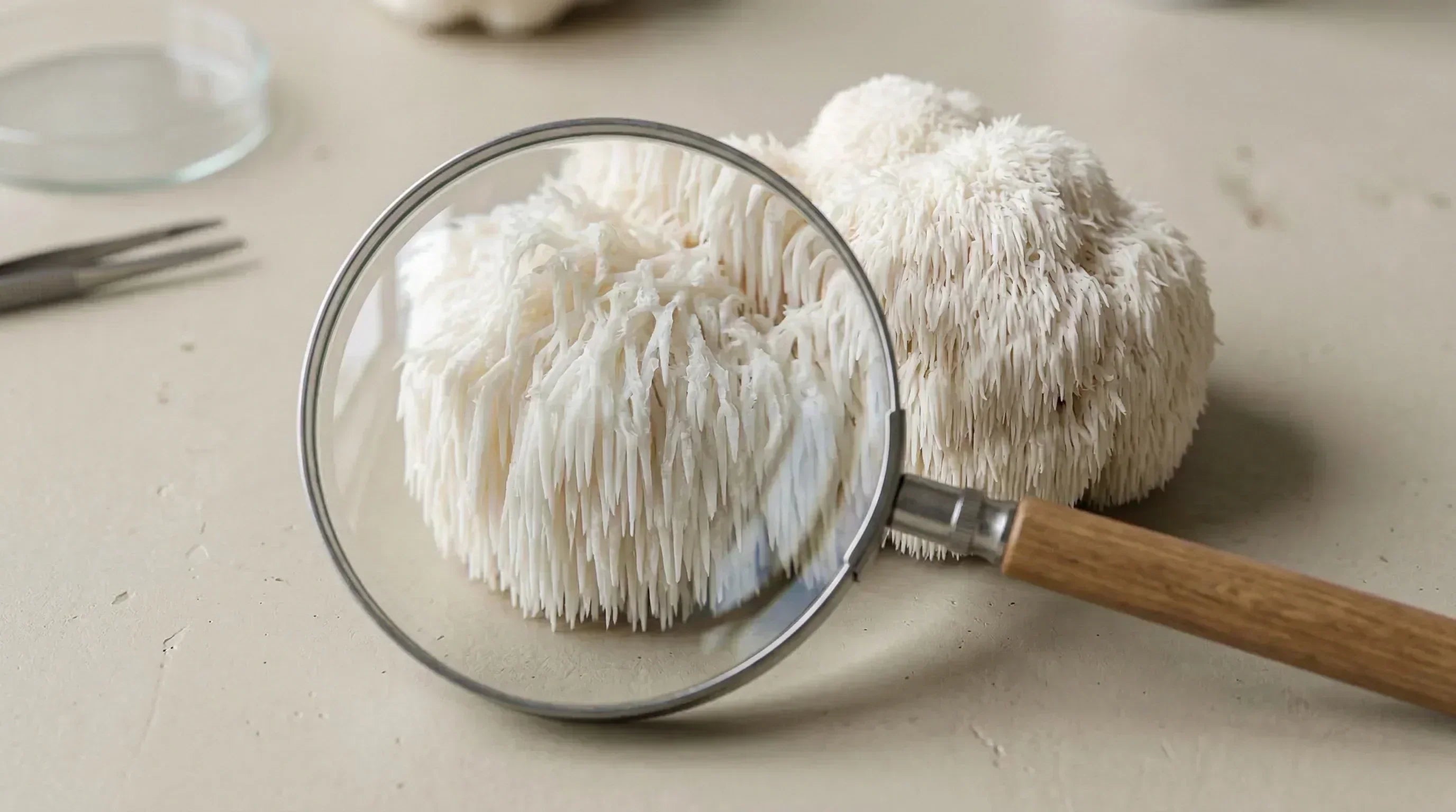 champignon lions mane sur une table sous une loupe